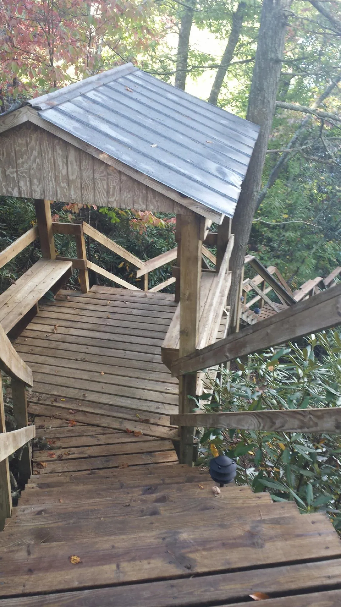 Metal roofed shelter over wooden steps on a wooded walkway — Skylight Repair & Installation work by our crew in Moorhead